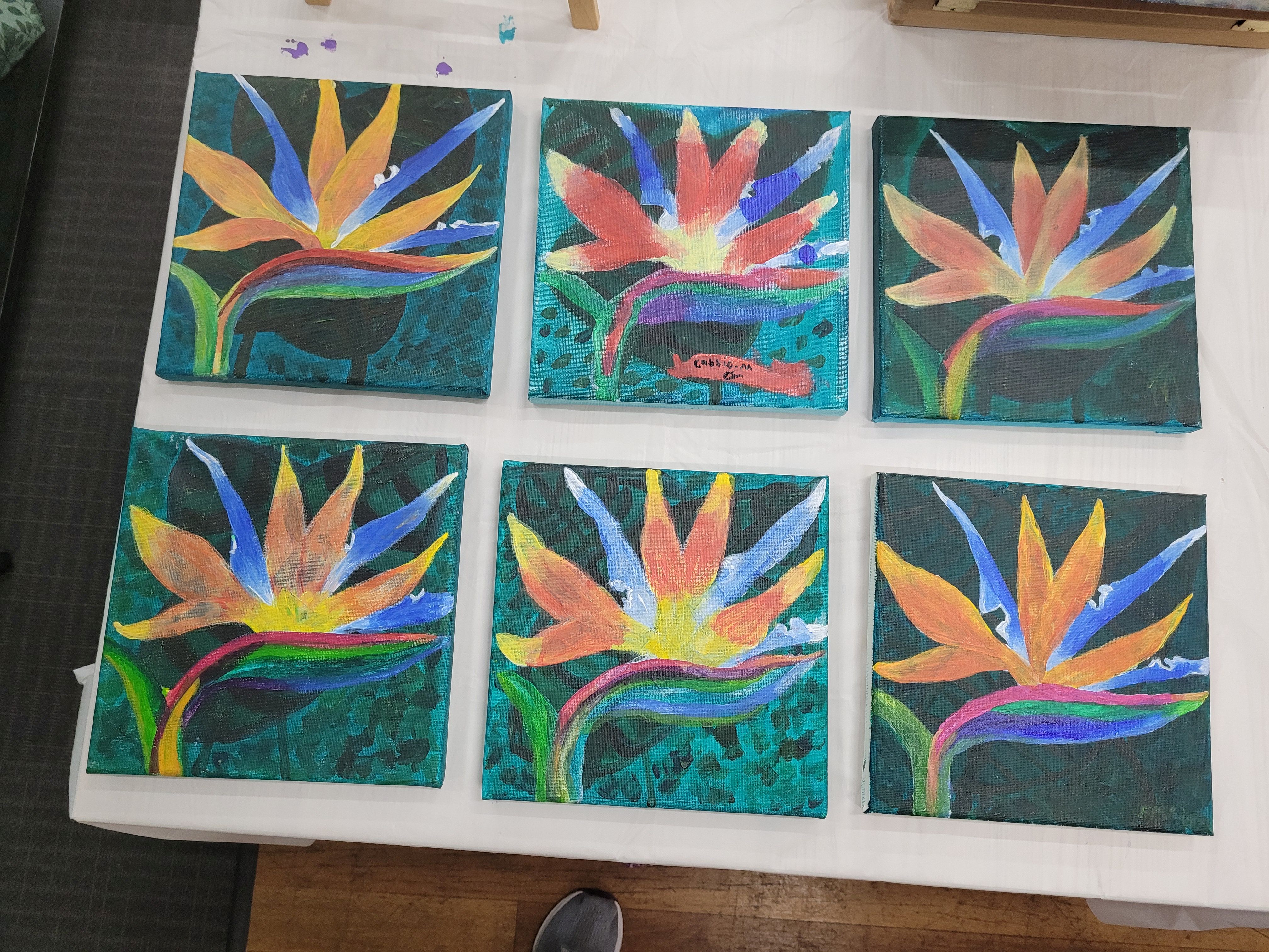Group of paintings of bird of paradise