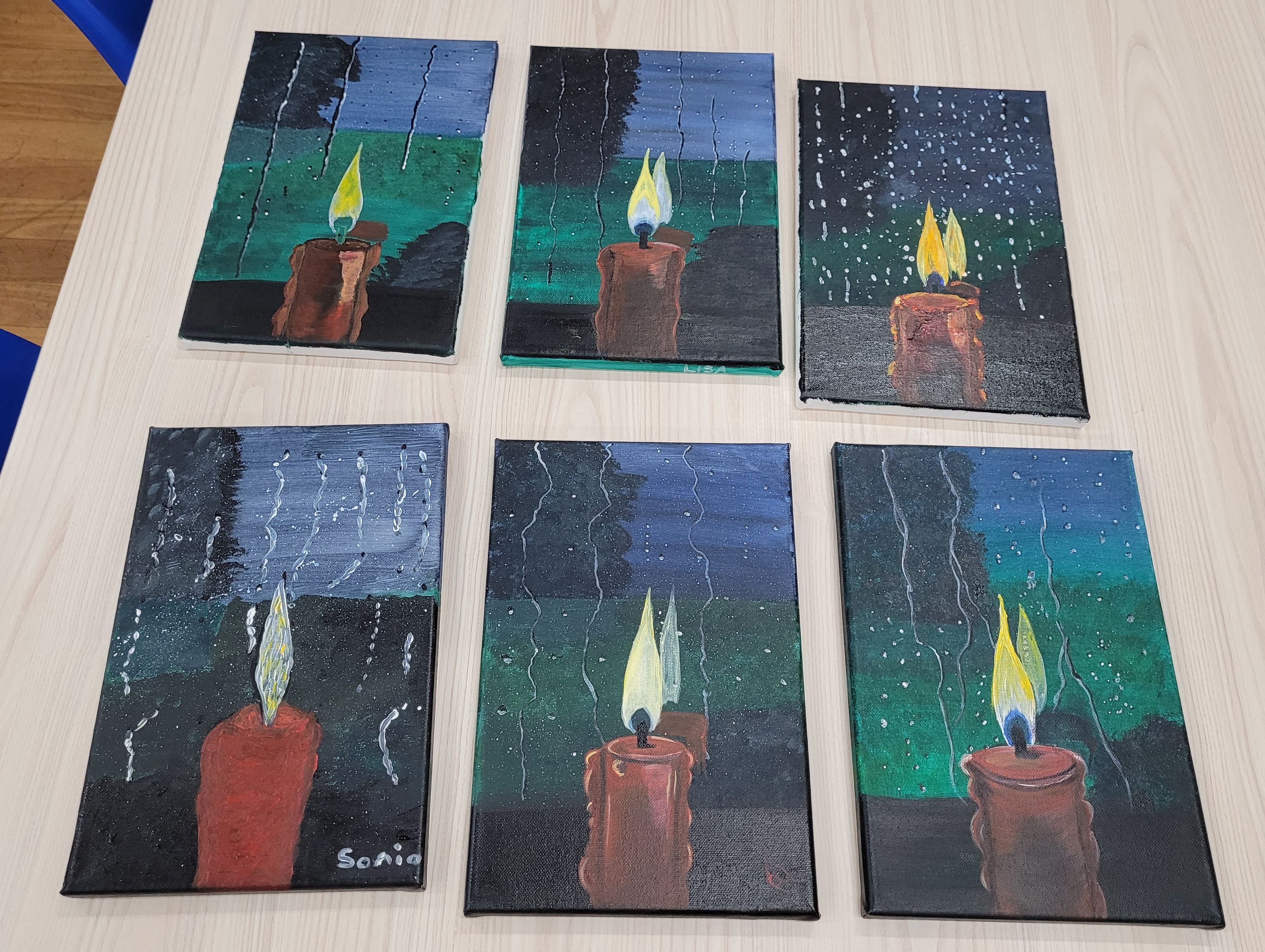 painting of a candle in a rainy window